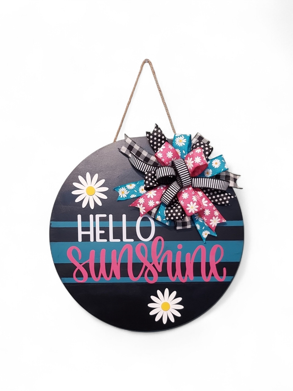 Hand Crafted Black Teal Pink "Hello Sunshine" Round Door Hanger